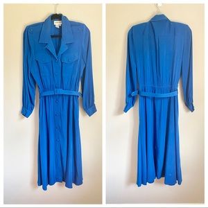 *VINTAGE* 80s Schrader Blue Button Down Belted Longsleeve Midi Dress